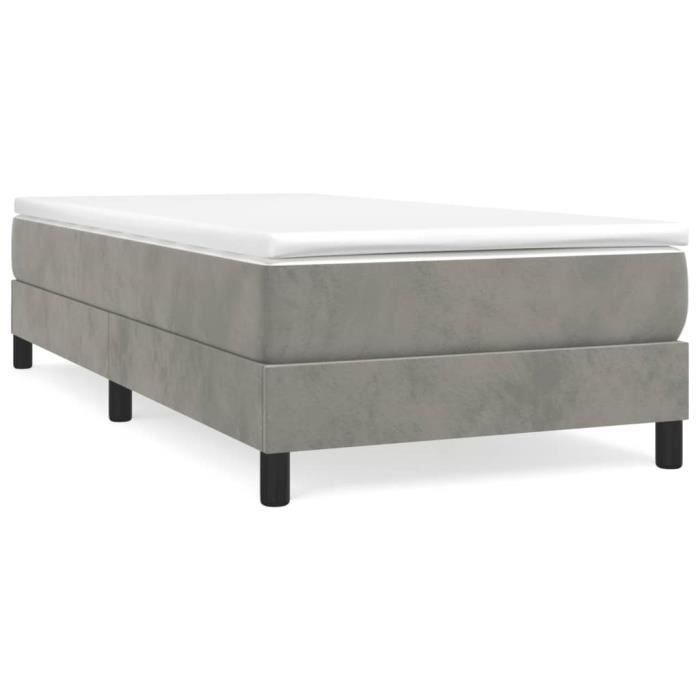 Sommier à ressorts - DILWE - 90x190 cm - Velours gris clair - 1 place - Pieds inclus