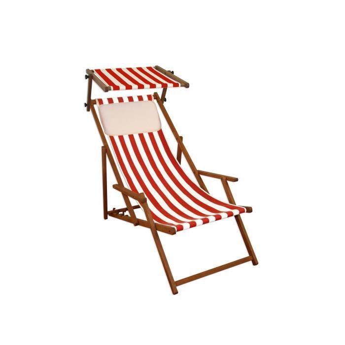 chaise longue rayé rouge et blanc - erst-holz - 10-314skh - bois massif - pliant - dossier réglable