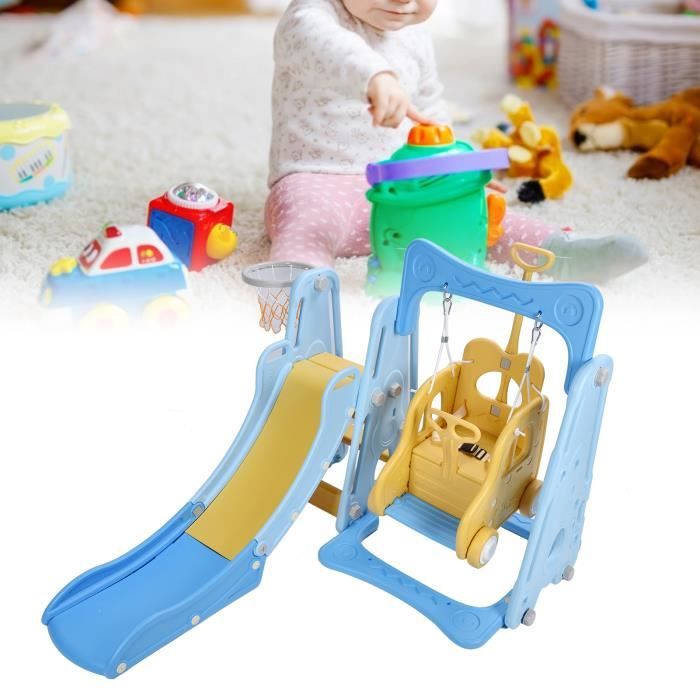 AIYAPLAY Aire De Jeux 4-en-1 – Toboggan, Balançoire, Échelle Et Panier De Basket, Thème Fusée, Bleu Clair