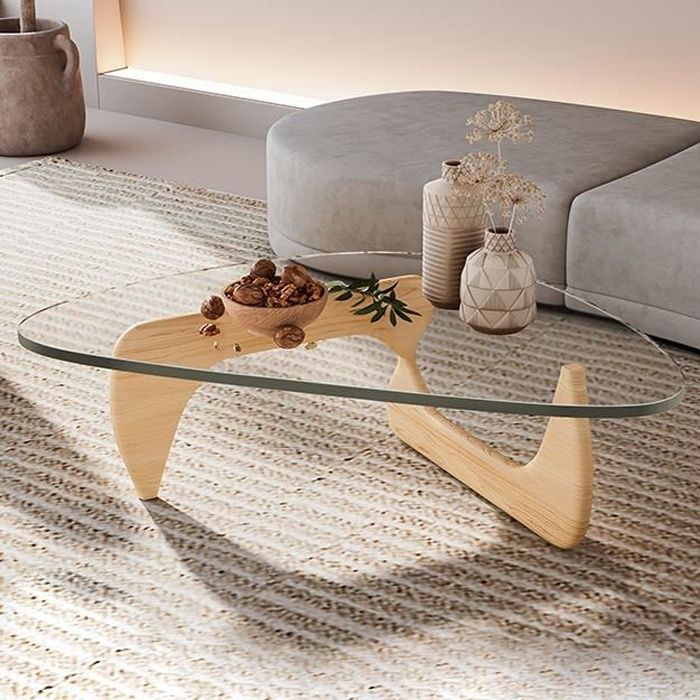 Table Basse Verre Trempé 19mm Style Noguchi Design en Bois Massif Salon-  Noyer foncé - Cdiscount Maison