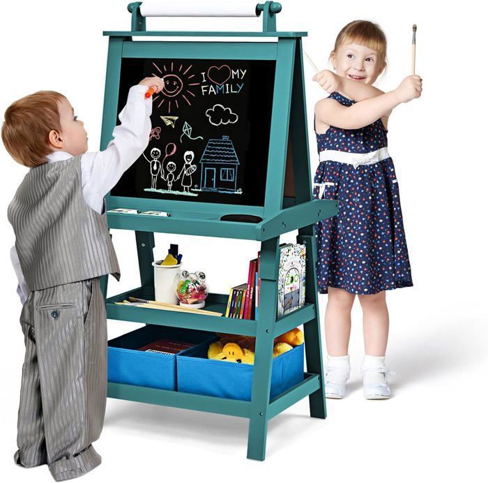 GOPLUS Tableau Enfant Noir/Blanc Magnétique 59x50x117CM Chevalet Double Face avec Rouleau de Papier et Boîtes de Rangement Bleu