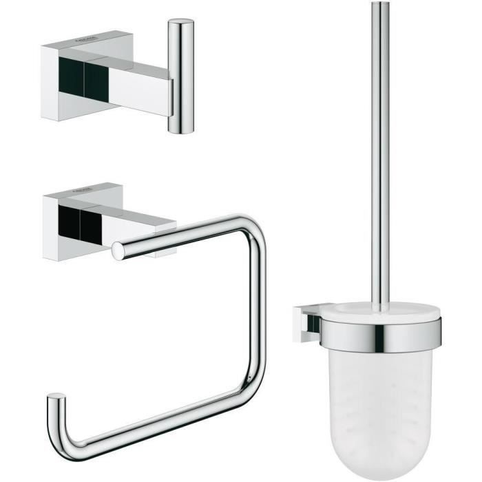 GROHE Set d’accessoires Salle de bain 3 en 1 Essentials Cube 40757001 - Patère murale - Brosse - Dérouleur papier wc - Chrome