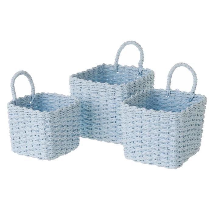 Panier de rangement - JUANIO - Lot de 3 - Papier tressé - Carré - Bleu