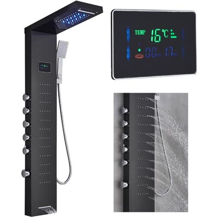 Système de panneau de douche LED noir mitigeur mural douche à main écran de température de massage SPA