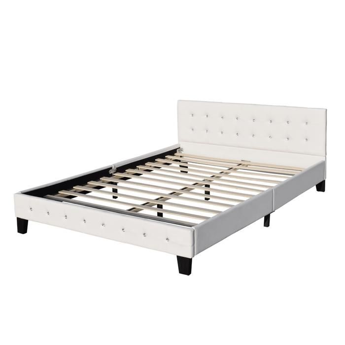 Lit - BLANC - 160x200 cm - Tête de Lit Capitonnée - 2 places - Sommier à lattes inclus