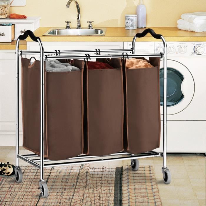 VEVOR Panier à Linge Mobile 3 Sacs + Planche à Repasser – Chariot Buanderie 72,5x41x89 Cm, Charge 23 Kg, Roulettes
