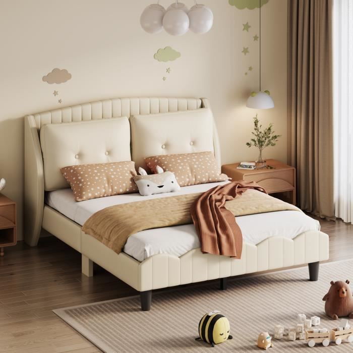 lit d'enfant lit rembourré 140x200cm avec sommier à lattes, dossier et deux grands oreillers, lit double en cuir pu, beige,misnode