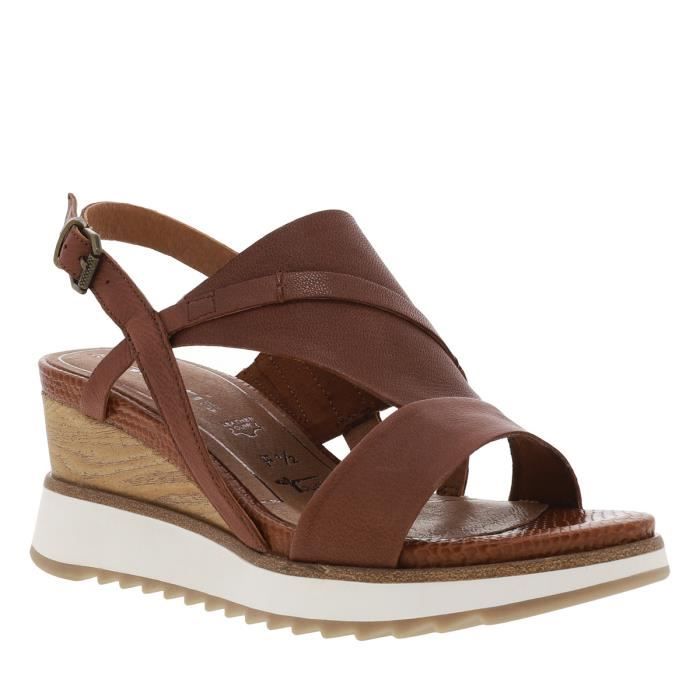 Sandales compensees en cuir marron TAMARIS Talon 6 5 cm Boucle a ardillon Marron Cdiscount Chaussures