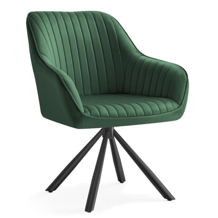 Chaise Salle à Manger Velours Rembourrée avec Accoudoirs Charge 120 Kg Pieds Acier Vert et Noir dEncre