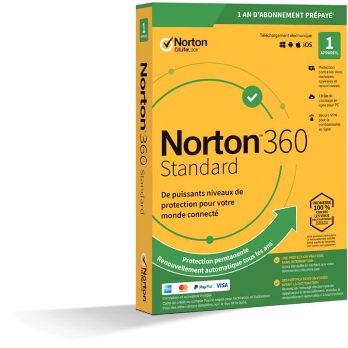 Logiciel antivirus et optimisation Symantec Norton 360 Standard 10Go 1 poste