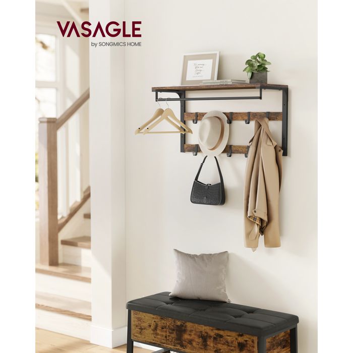 Porte-manteau Mural Étagère Suspendue avec 10 Crochets Amovibles sur 2 Rangées Barre de Suspension Marron Rustique et Noir Porte-manteau Mural Étagère Suspendue avec 10 Crochets Amovibles sur 2 Rangées Barre de Suspension Marron Rustique et Noir