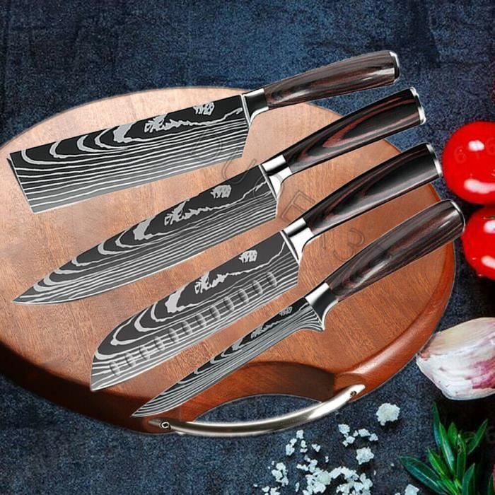 Ensemble de 4 couteaux de cuisine couteau de chef couteau professionnel en  acier inoxydable Damas Japon
