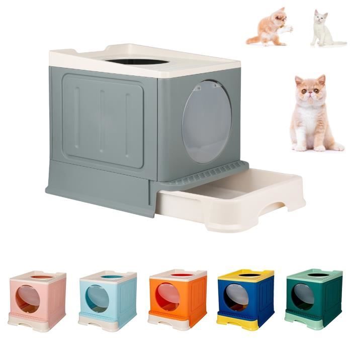 Meilleurs prix pour Willonin® Bac à litière pliant pour chat, Gris Maison de toilette semi-fermée avec tiroir et pelle, Deux porte, 45x34x39cm