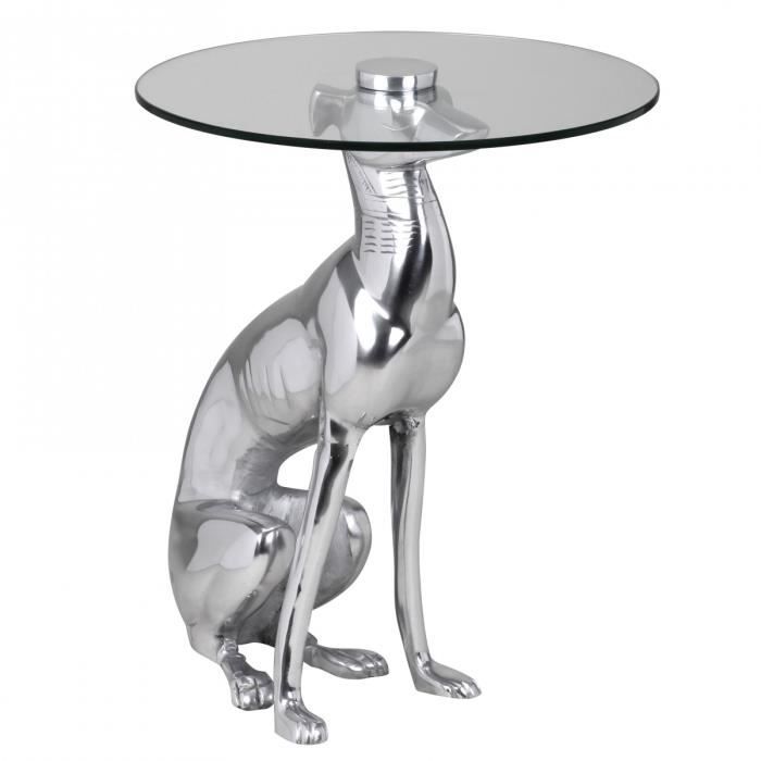 table basse - wohnling - design déco argent - sculpture greyhound - plateau en verre