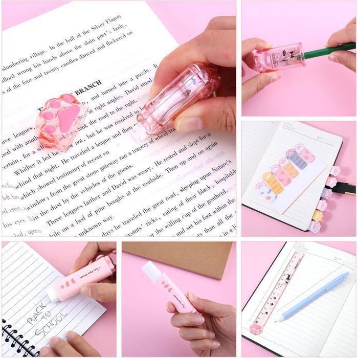 QOWIJEX Lot de 2 Articles Papeterie en Forme de Patte de Chat Mignonne, Kawaii, Gomme et 15cm Règle, pour Élèves de l'école