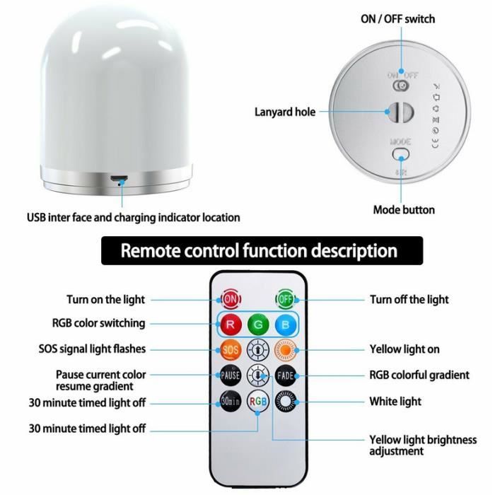 Veilleuse / Veilleuse - RVB - Rechargeable USB Avec Télécommande, Lumière  Wit Chaude