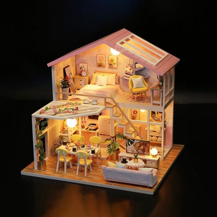 Nouveau bricolage en bois miniature Kit de construction Maisons de poupées  avec meubles léger Molan Casa Dollhouse Jouets faits à la main pour filles  cadeaux de Noël tw