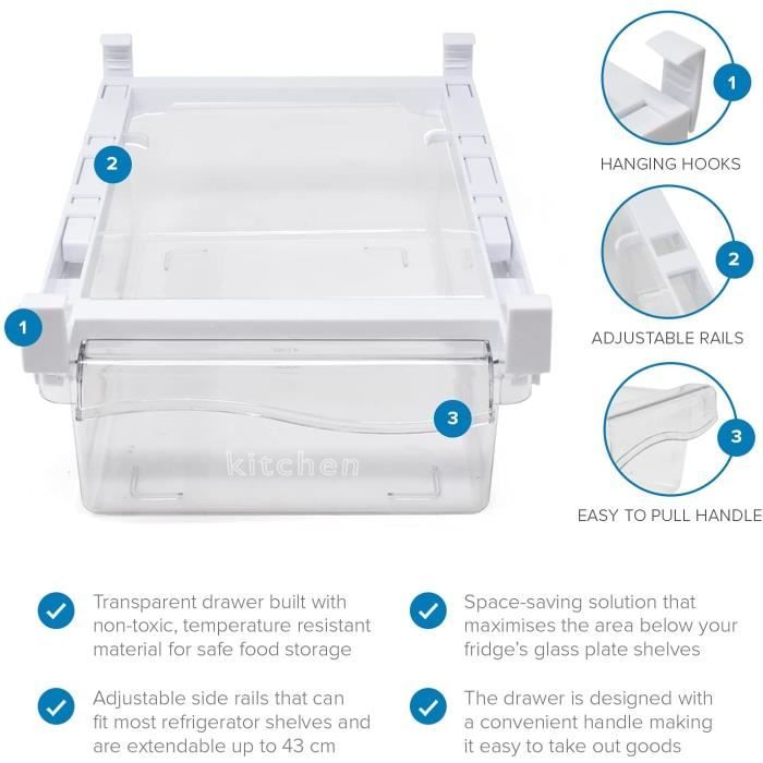 Organisateur Frigo Tiroir Coulissant Transparent - Dimensions 30,5x20x9,5 Cm, Réglable (30-44 Cm), Plastique PET+ABS, Rangement Fruits Légumes