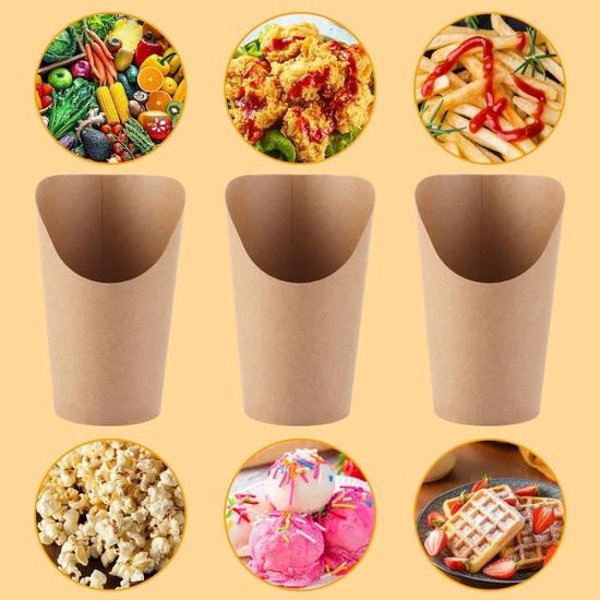 50 Gobelets En Papier Kraft 12 Oz + 100 Pics En Bois - Jetables, Résistants à L'huile, Pour Frites, Glaces, événements