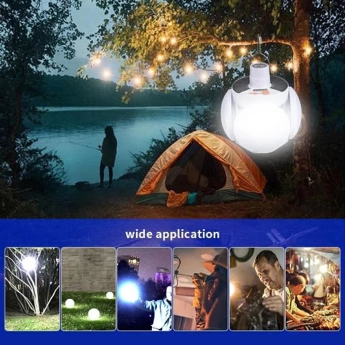 Lumière de Camping Solaire avec Sortie USB, Pliante 4 Lames, Suspension