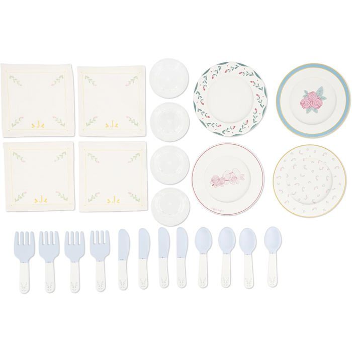 Janod - Valisette Dinette Holz - Picknickset für Kinder - Für 4 Personen - 25 Teile - Valisette aus Karton - Ideal als Küchenzubehör für Kinder - Fördert die Vorstellungskraft - Ab 3 Jahren - J06637