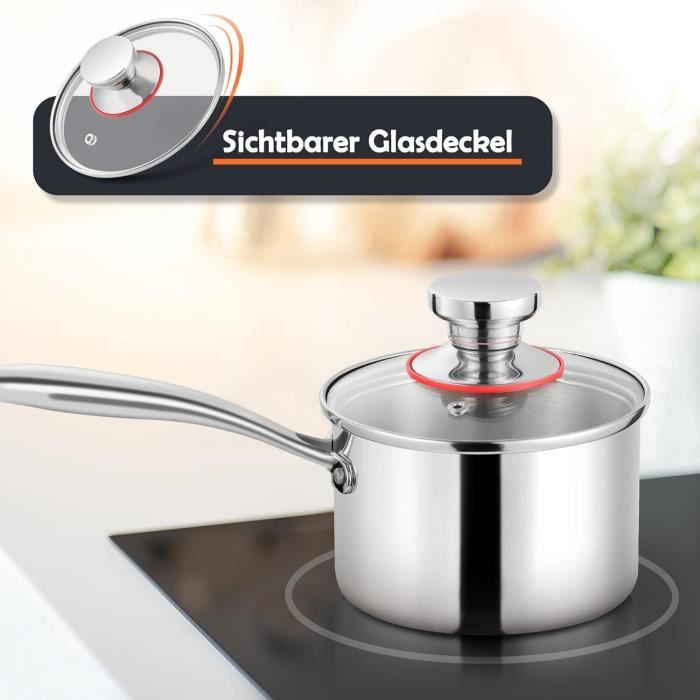 Casserole En Acier Inoxydable 1810 Avec Couvercle 1 L, Poêle À Sauce De 14 Cm Avec Long Manche