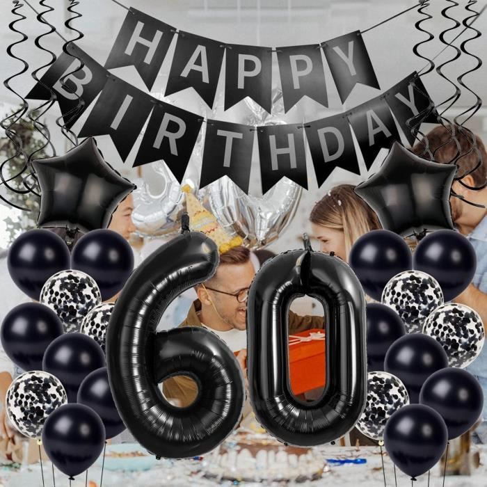 Décoration Anniversaire 60 Ans Noir Et Or - Banderole, Ballons, Confettis - Pour Fête Homme Ou Femme