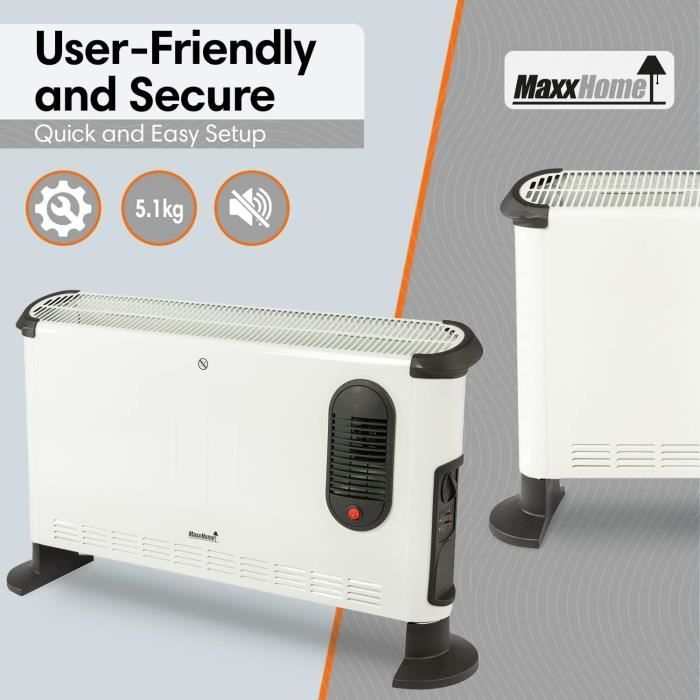 MaxxHome Radiateur Électrique 2000W - Chauffage D'Appoint 3 Niveaux + Timer 24h - Silencieux - Classe A - Noir