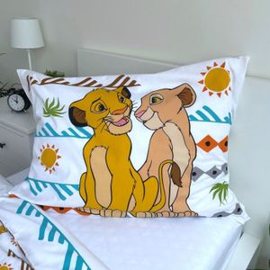 Drap Housse Le Roi Lion Simba CTI - 100% Coton Blanc 90x190cm - Enfant - Certifié Oeko-Tex