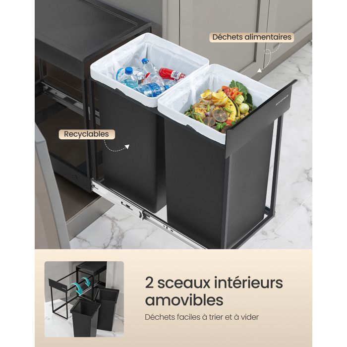 Poubelle de cuisine tri sélectif 70L - PICEA - Double compartiment vertical - Gris - KITCHEN MOVE - Maison