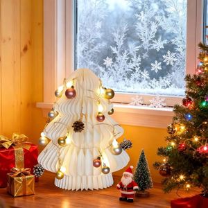 Décoration De Noël En Papier Alvéolé - 5 Sapins 3D Pliables Pour Table | Vert, Rouge, Blanc | Écologique Et Réutilisable