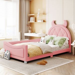 SOMMIER Lit d'enfant lit rembourré 90*200 cm canapé-lit cadre en tissu peluche lit moelleux multifonctionnel avec dossier,rose