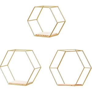ETAGÈRE MURALE ZYLLZY Lot de 3 étagères flottantes hexagonales en métal doré avec base e ois, ca e en métal moderne pour chambre à coucher, sal489