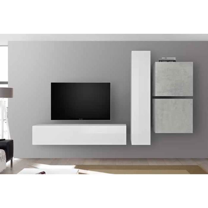 LUDOVICA 45 LAQUE BLANC ET BETON ENSEMBLE COMPOSITION MURALE MEUBLE TV TENDANCE