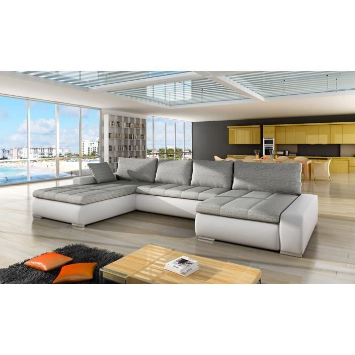 Canapé d'angle droit panoramique et convertible en tissu et simili gris blanc