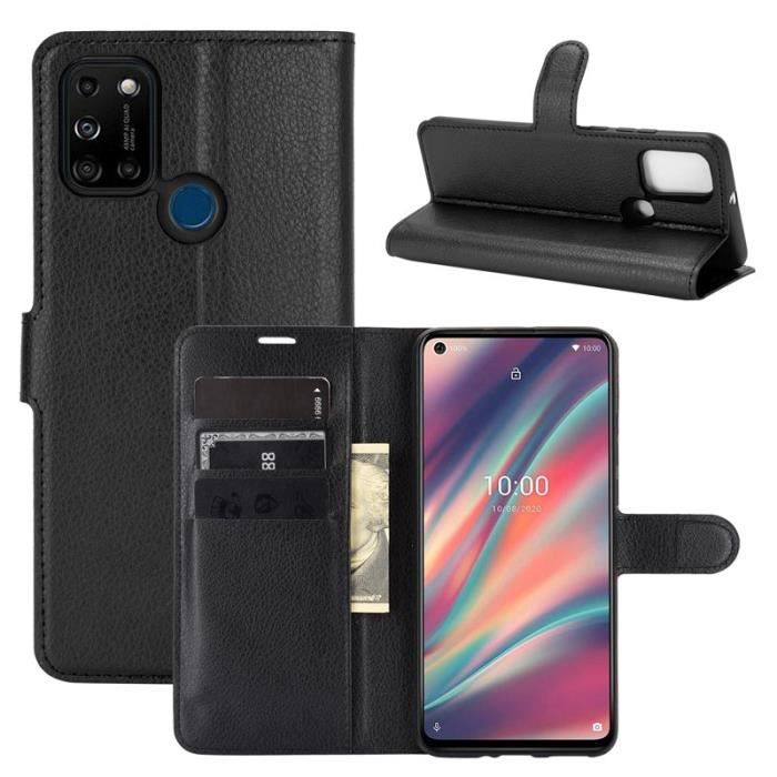 Coque Wiko View 5, Noir Couleur Intégral Mince Litchi Cuir Silicone Souple Coque Folio Protection Antichoc