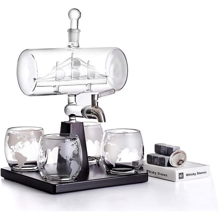 Ensemble Decanter Carafe Whisky avec Distributeur De Bouteille Wiskies 1100 ML, 4 Vodka Verre Vin 310 ML, Plateau Base Bois, En 436