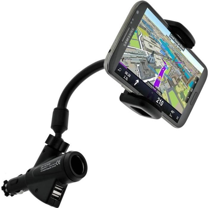 Support Voiture sur Allume-cigare + 2 ports USB + 1x prise Allume-cigare
