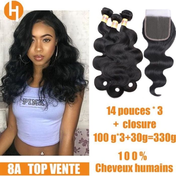 3 tissage bresilien avec closure ondulé 8A 14pouces cheveux naturels humain virgin hair body wave Hairich
