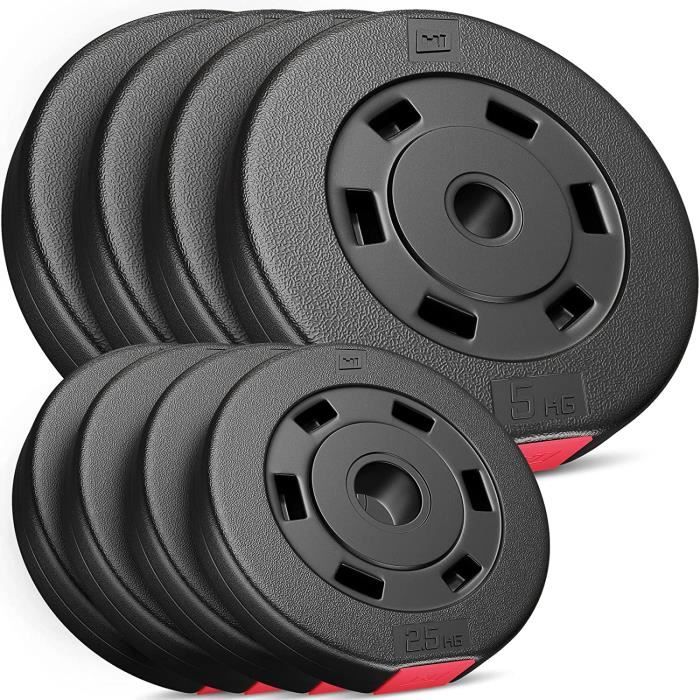 Hop-Sport Disques de Poids en Plastique 30 kg pour Barre d'haltères 30 mm (4x5kg + 4x2,5kg)