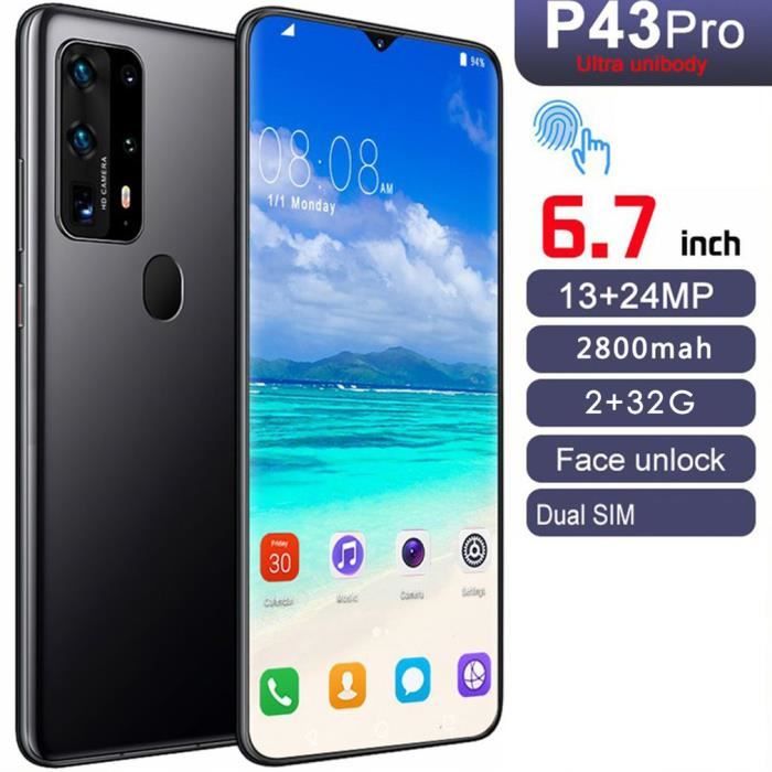 P43pro 32G Android Smartphone 6,7 pouces téléphone portable plein écran HD grand écran déverrouillage d'empreintes digitales