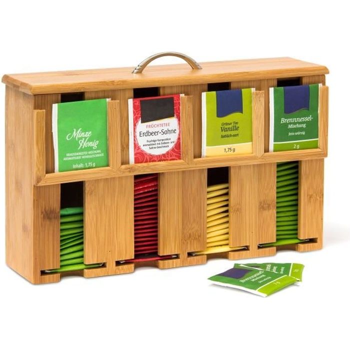 Relaxdays Boîte à thé bambou sachets thé vrac 4 compartiments coffret Déco H x l x P: 22 x 33,5 x 10 cm avec anse support de