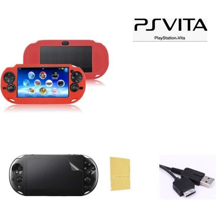 Pack 3 en 1 Sony PS Vita 1000 : Housse silicone rouge - Câble chargeur synchronisation USB - Film Protection écran