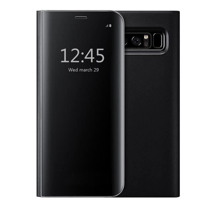 Coque pour Samsung Galaxy Note 8, Clear View Flip Coque Cover Mince Translucide Miroir Housse - noir