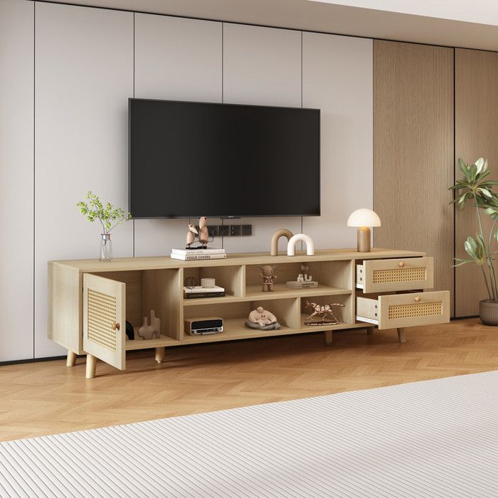 Meuble TV 160cm en rotin - Passage des câbles - 2 tiroirs - 1 porte - Décoration en rotin - style moderne - Naturel