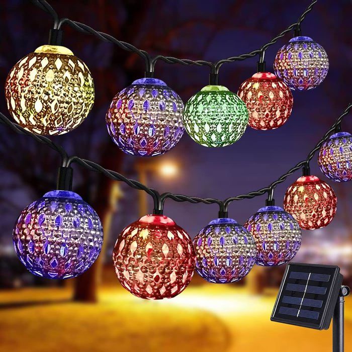 Guirlande Solaire Multicolore Boules Acier LED Extérieur