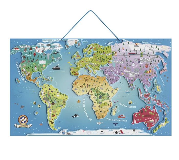 Puzzle en bois - Carte du monde - 76 x 45 cm - Jeu éducatif - Multicolore