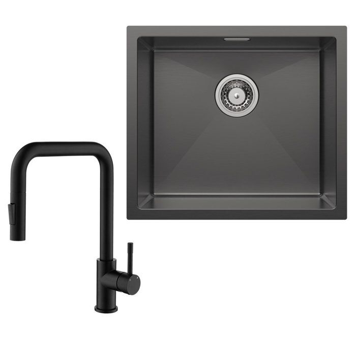 50x44cm Évier de Cuisine sous plan inox noir anthracite+mitigeur extractible
