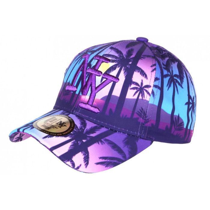 Casquette Baseball NY Rose & Bleue Motif Palmiers Tropical - Taille Unique - NEUVE Avec étiquettes