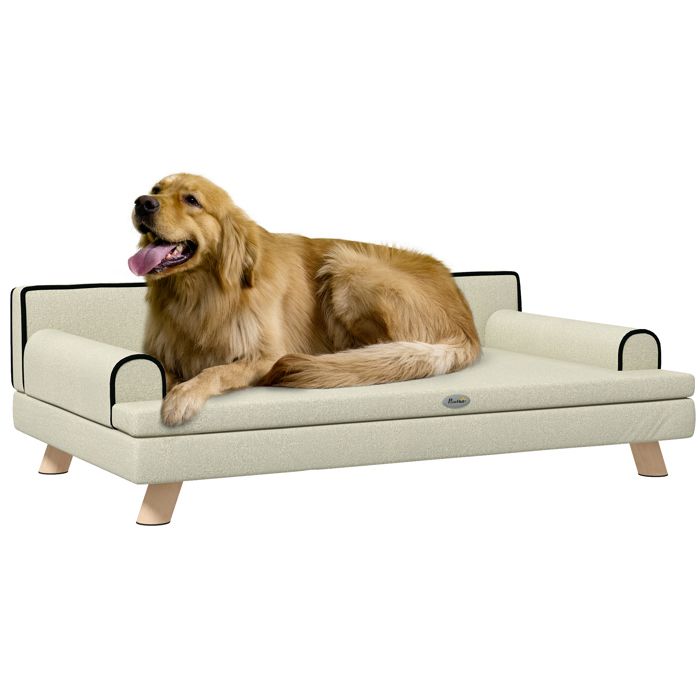 Meilleurs prix pour Canapé chien lit pour chien design scandinave coussin moelleux piètement bois dim. 100L x 62l x 32H cm polyester beige